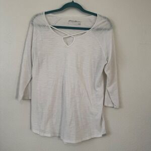 Eddie Bauer Womens White 3/4 Sleeve Criss Cross Neckline Knit Tunic Top Size L